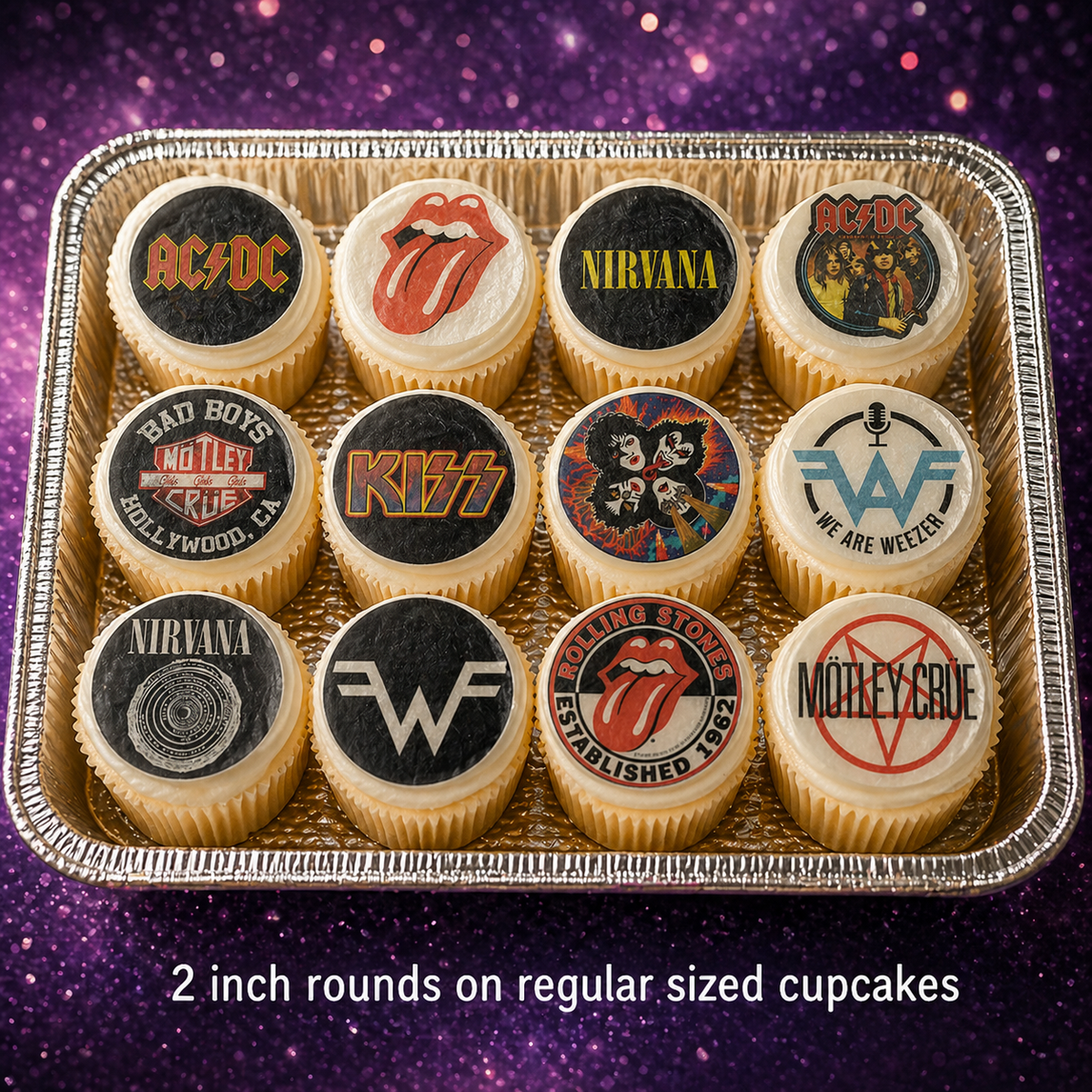 Set of 12 "Rock Grunge Music" pre cut edible image discs for desserts, choose your size