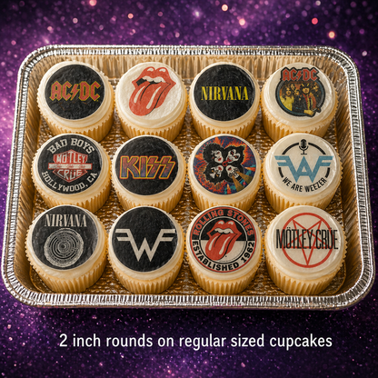 Set of 12 "Rock Grunge Music" pre cut edible image discs for desserts, choose your size
