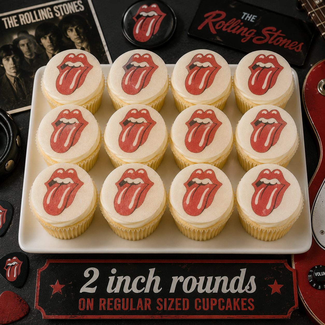 Set of 12 "Rolling Stones" pre cut edible image discs for desserts, choose your size