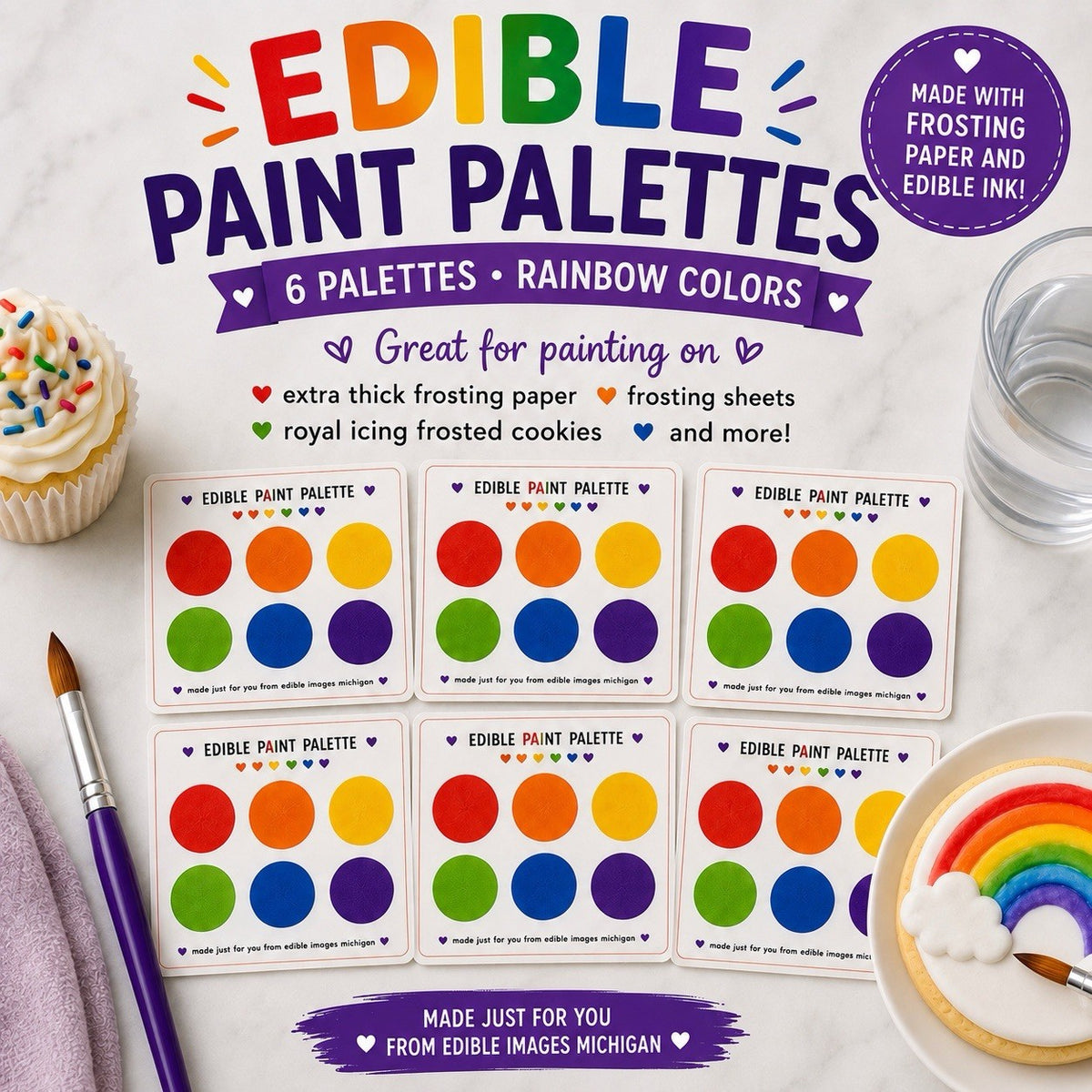 6 Edible Paint Palettes - Rainbow Colors - for Cookies, Wafer Paper, Royal Frosting