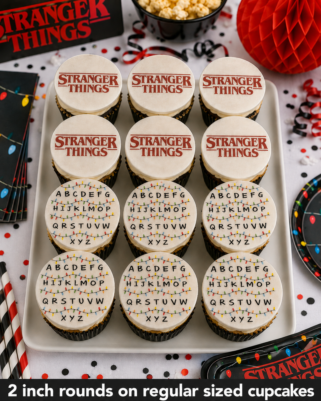 Set of 12 "Stranger Things" pre cut edible image rounds for desserts, choose your size