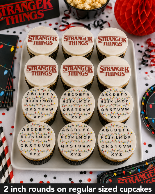 Set of 12 "Stranger Things" pre cut edible image rounds for desserts, choose your size
