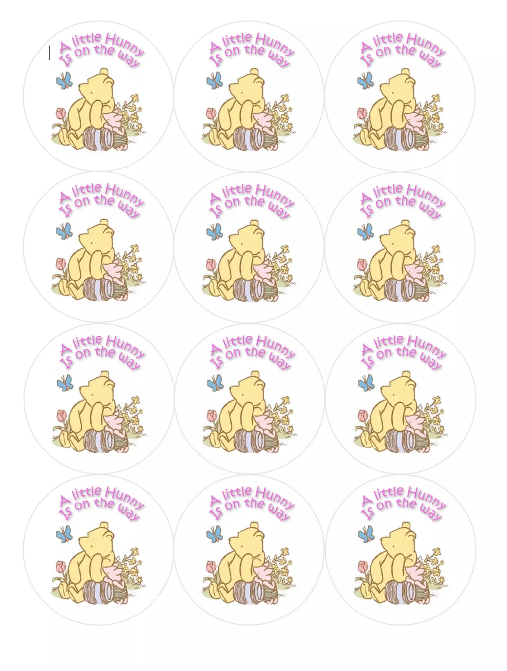 Set of 12 "Winnie the Pooh, A Little Hunny is on the Way" pre cut edible image discs for desserts, drink toppers, choose your size