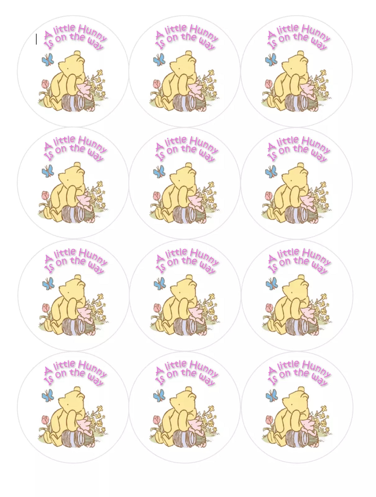 Set of 12 "Winnie the Pooh, A Little Hunny is on the Way" pre cut edible image discs for desserts, drink toppers, choose your size