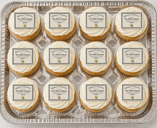 Set of 12 Tiny Edible Diplomas 1.34"x1.75",  "The 2026 Graduate", pre cut