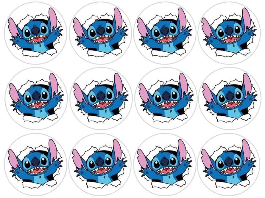 Set of 12 Stitch pre cut edible image discs for desserts, choose your size