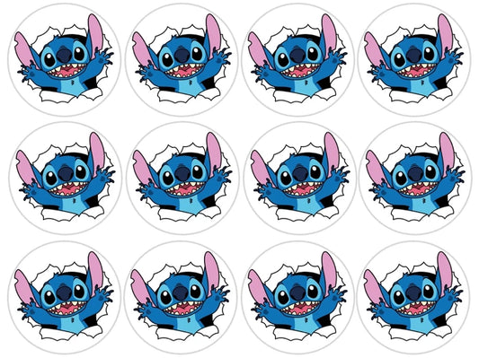 Set of 12 Stitch pre cut edible image discs for desserts, choose your size