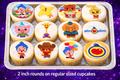 Set of 12 "Plim Plim" pre cut edible image discs for desserts, drink toppers, choose your size