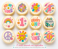 Set of 12 Groovy One, 1st Birthday edible images rounds for desserts, pre cut, many sizes available