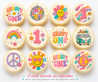 Set of 12 Groovy One, 1st Birthday edible images rounds for desserts, pre cut, many sizes available