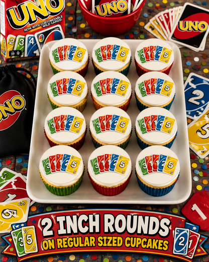 Set of 12 "UNO" pre cut edible image discs for desserts, choose your size