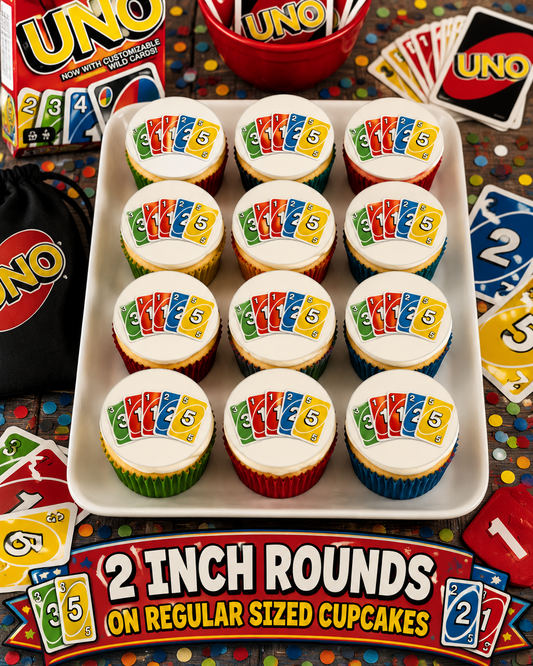Set of 12 "UNO" pre cut edible image discs for desserts, choose your size