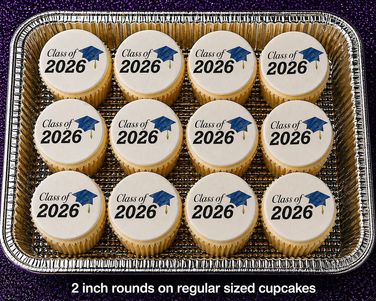 Set of 12 "2026 Graduation, Blue" pre cut edible image discs for desserts, choose your size