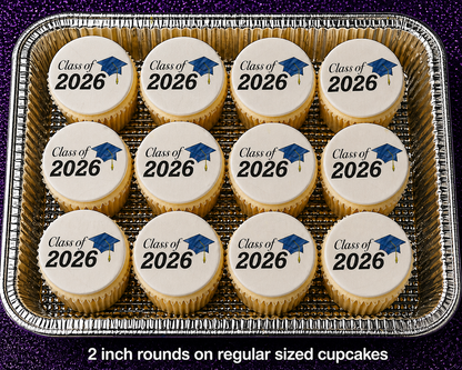 Set of 12 "2026 Graduation, Blue" pre cut edible image discs for desserts, choose your size