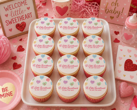 Set of 12 "A Little Sweetheart is on the Way" pre cut edible image discs for desserts, choose your size