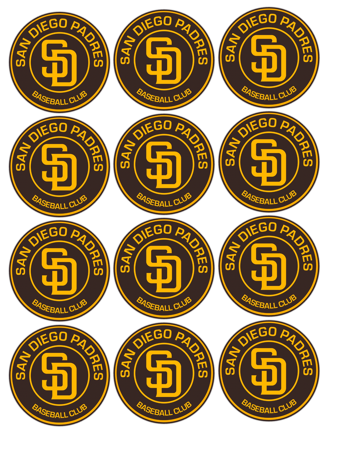 Set of 12 "San Diego Padres" pre cut edible image discs for desserts, choose your size