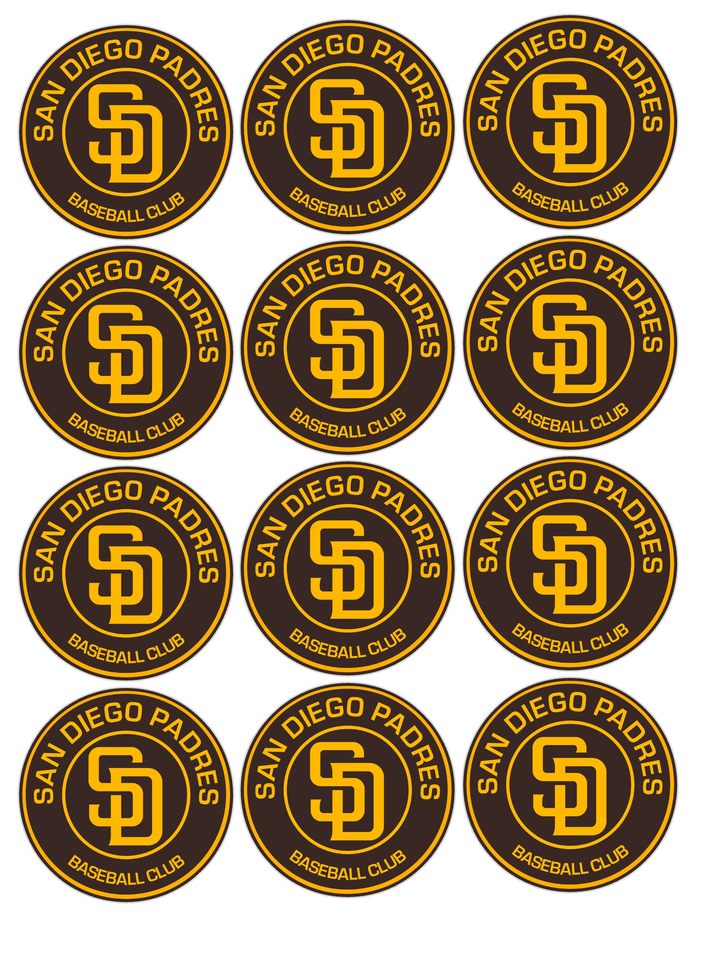 Set of 12 "San Diego Padres" pre cut edible image discs for desserts, choose your size