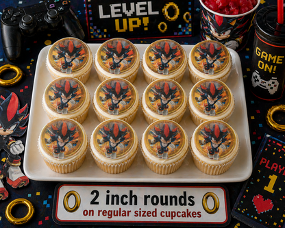 Set of 12 "Sonic, Shadow" pre cut edible image discs for desserts, choose your size