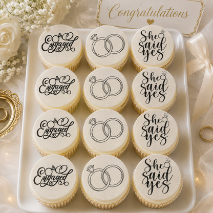 Set of 12 "Engagement, She said Yes" pre cut edible image discs for desserts, choose your size