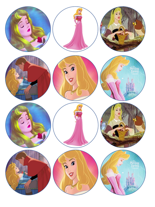 Set of 12 edible image rounds, Sleeping Beauty, pre cut, many sizes available