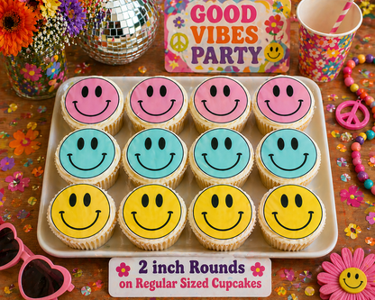 Set of 12 "Smiley Face" pre cut edible image discs for desserts, choose your size
