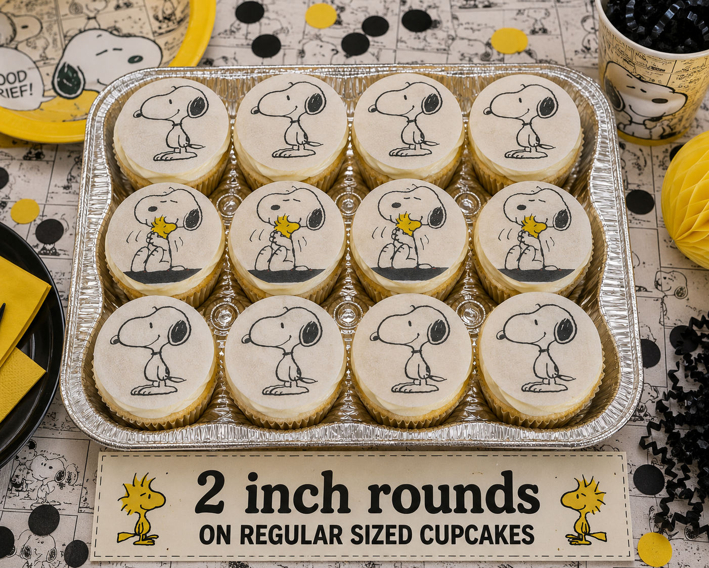 Set of 12 "Snoopy, Peanuts" pre cut edible image discs for desserts, choose your size