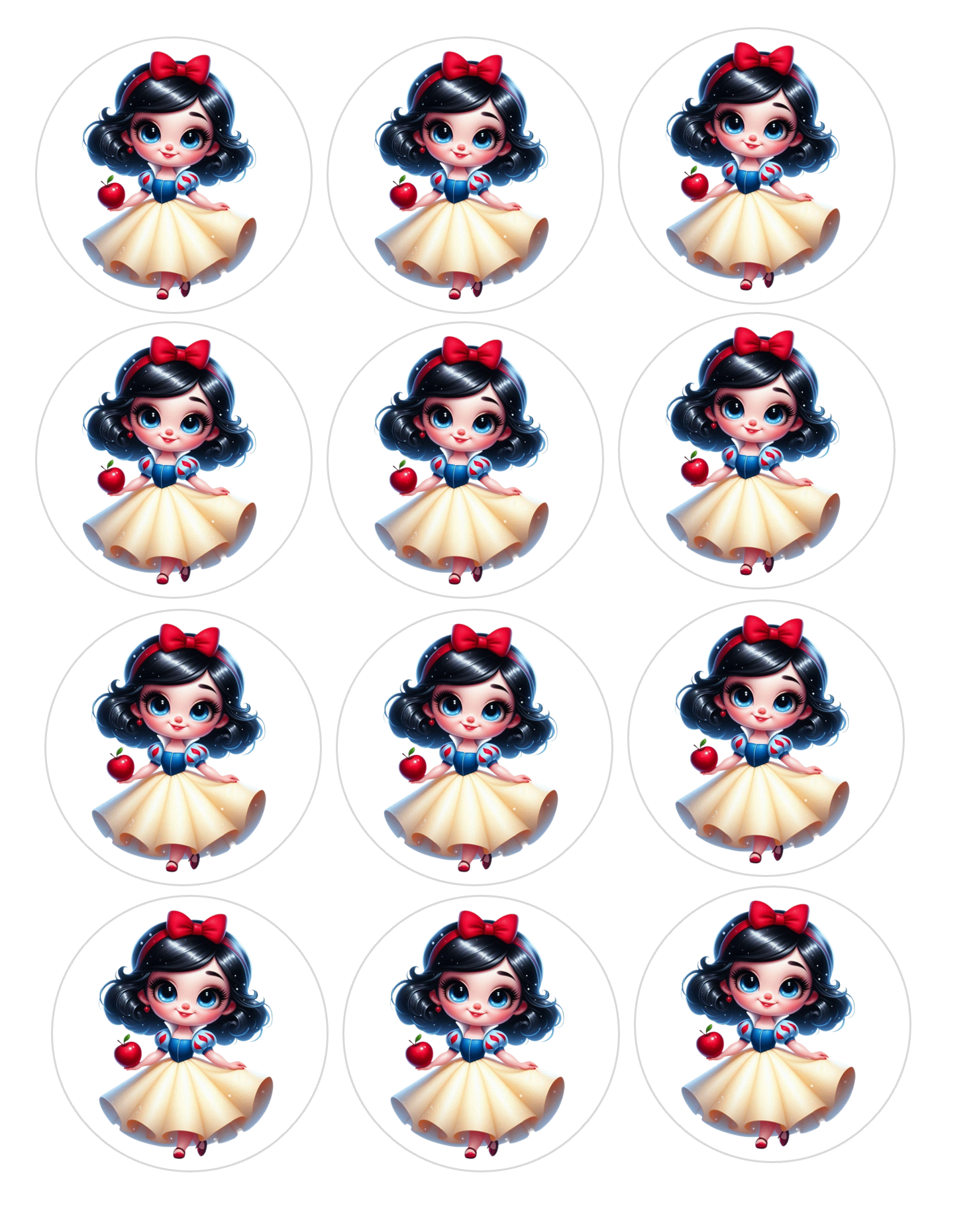 Set of 12 Snow White pre cut edible image discs for desserts, choose your size