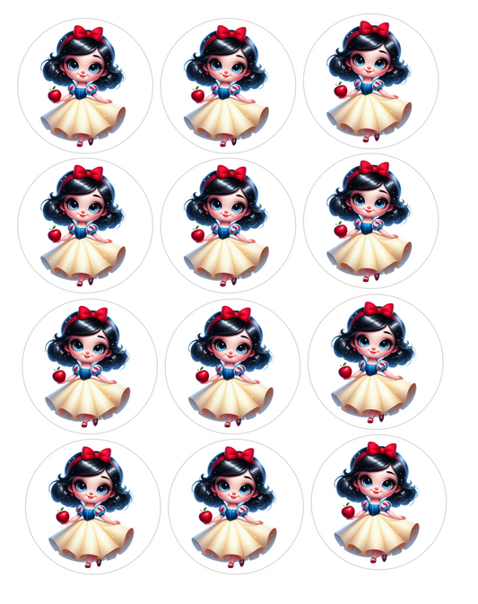 Set of 12 Snow White pre cut edible image discs for desserts, choose your size