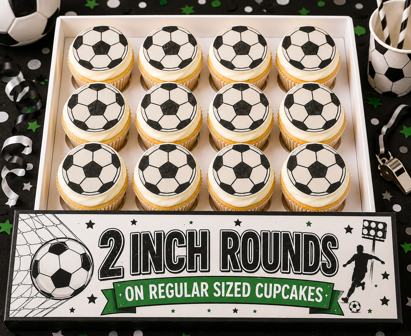 Set of 12 "Soccer" pre cut edible image discs for desserts, choose your size