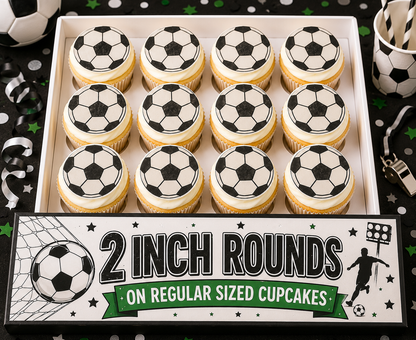 Set of 12 "Soccer" pre cut edible image discs for desserts, choose your size