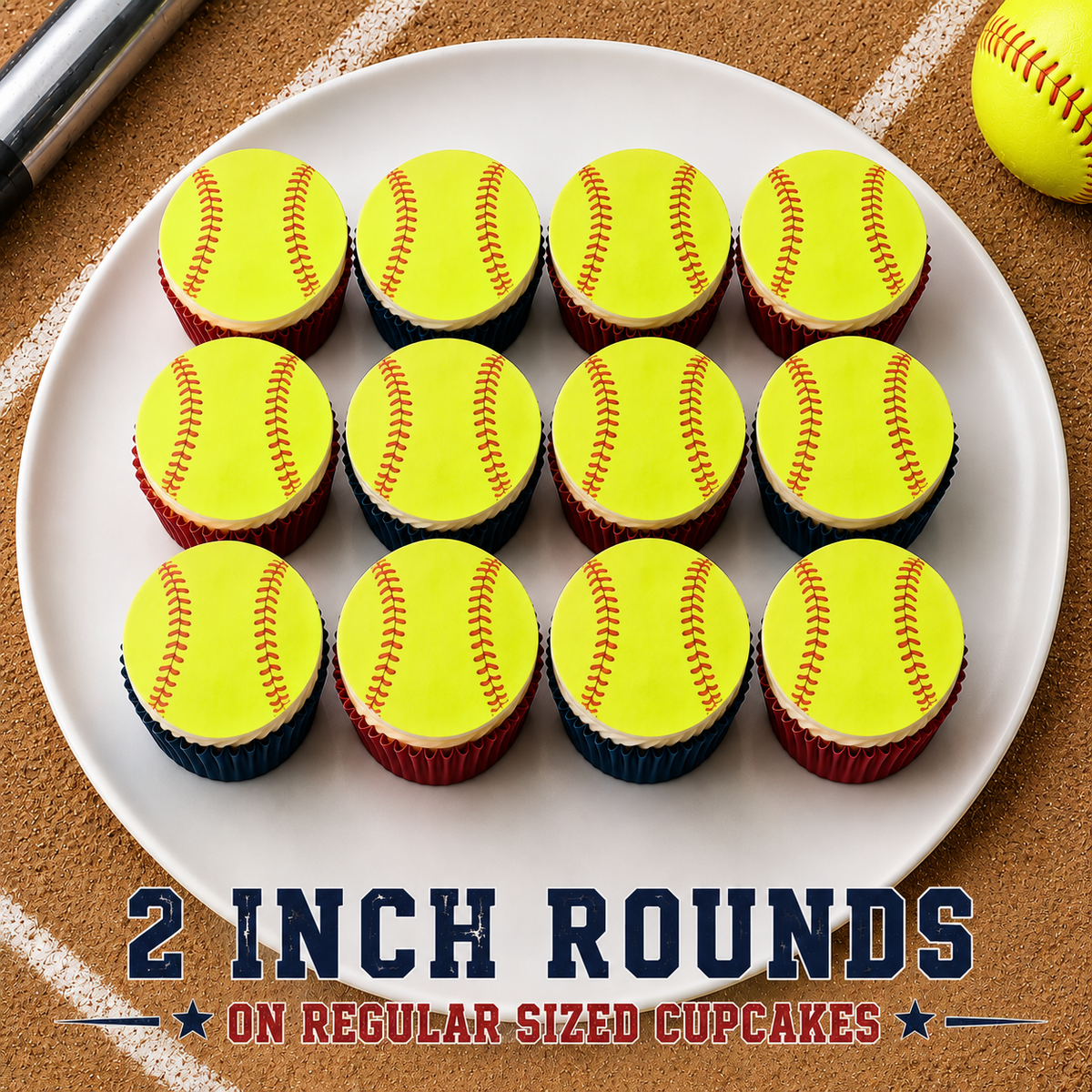 Set of 12 "Softball" pre cut edible image discs for desserts, choose your size