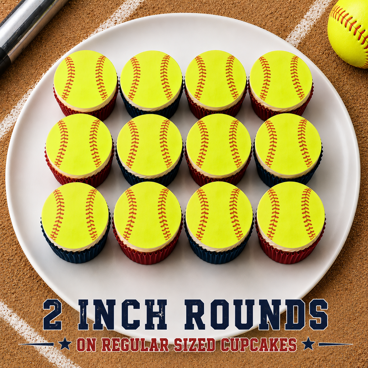 Set of 12 "Softball" pre cut edible image discs for desserts, choose your size