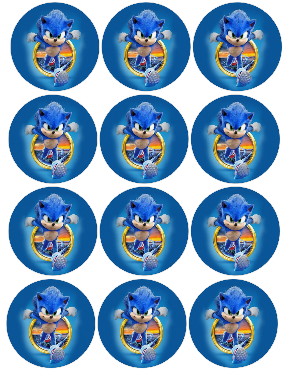Set of 12 "Sonic" pre cut edible image discs for desserts, choose your size