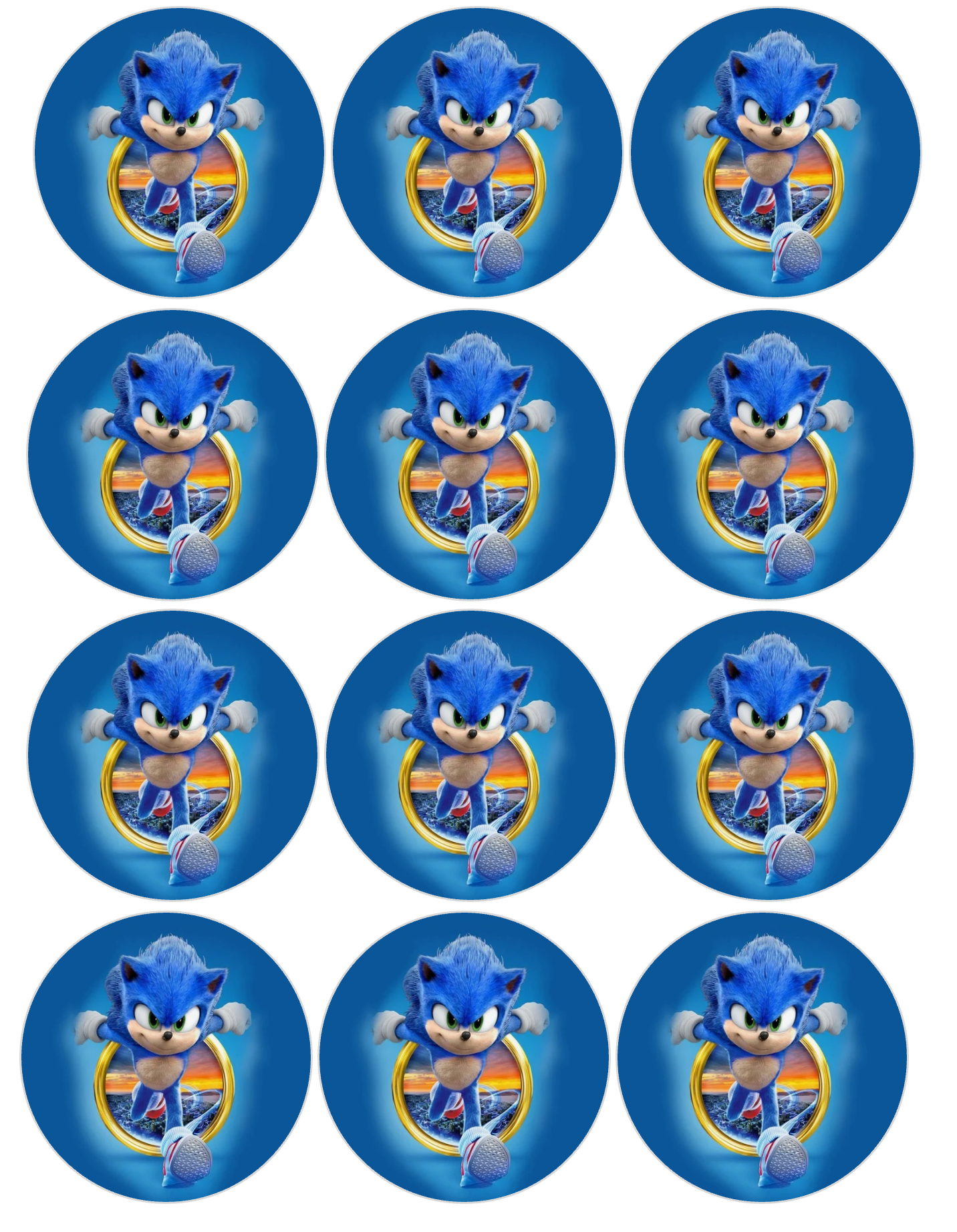 Set of 12 "Sonic" pre cut edible image discs for desserts, choose your size