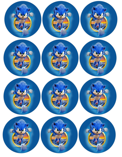 Set of 12 "Sonic" pre cut edible image discs for desserts, choose your size
