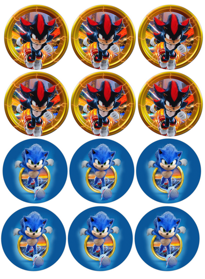 Set of 12 "Sonic and Shadow" pre cut edible image discs for desserts, choose your size
