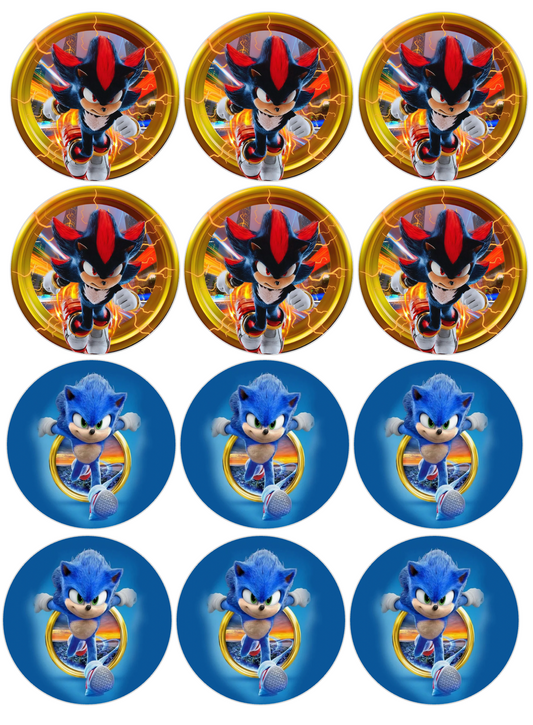Set of 12 "Sonic and Shadow" pre cut edible image discs for desserts, choose your size