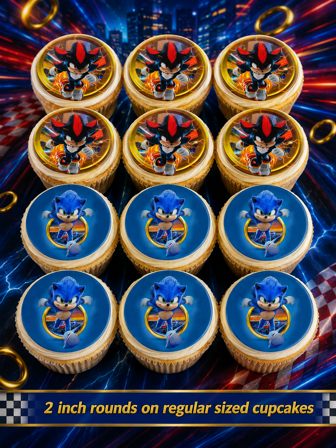 Set of 12 "Sonic, Shadow" pre cut edible image discs for desserts, choose your size