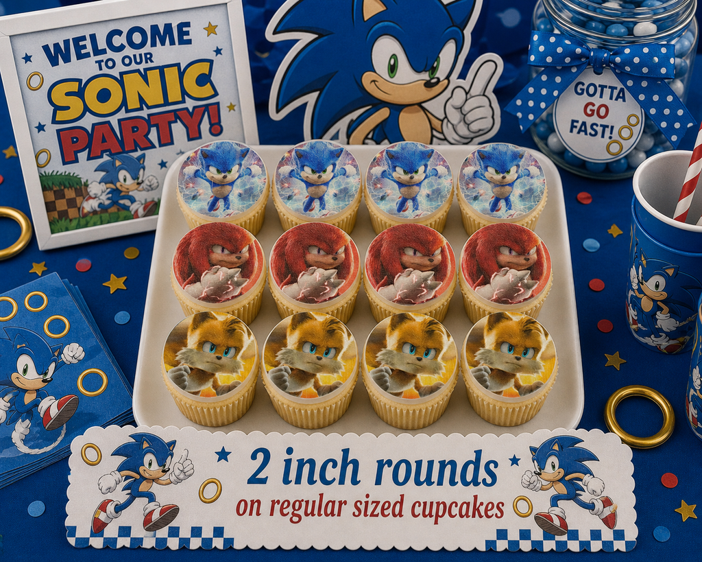 Set of 12 "Sonic" pre cut edible image discs for desserts, choose your size