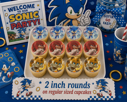 Set of 12 "Sonic" pre cut edible image discs for desserts, choose your size