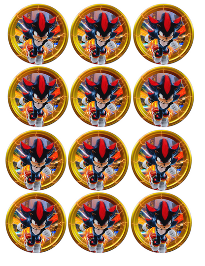 Set of 12 "Shadow, Sonic" pre cut edible image discs for desserts, choose your size