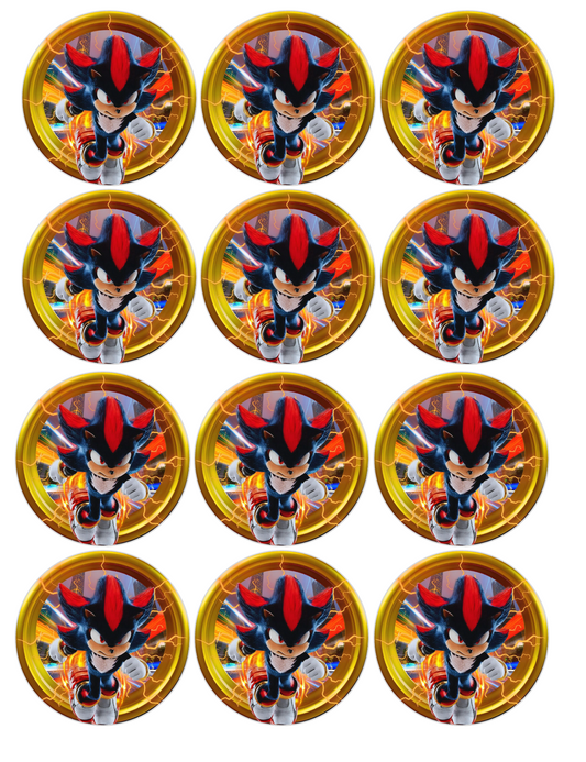 Set of 12 "Shadow, Sonic" pre cut edible image discs for desserts, choose your size