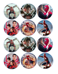 Set of 12 "Spiderman" pre cut edible image discs for desserts, drink toppers, choose your size