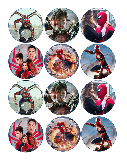 Set of 12 "Spiderman" pre cut edible image discs for desserts, drink toppers, choose your size