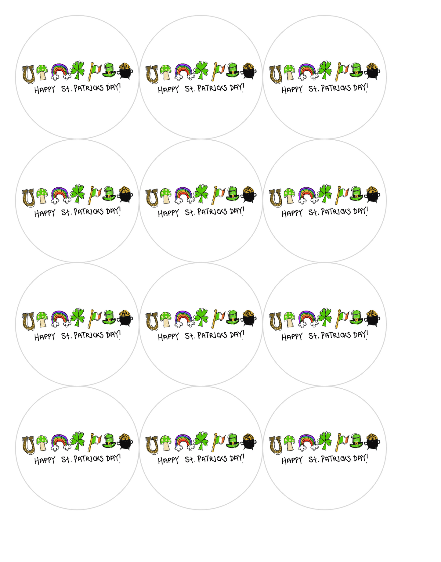 Set of 12 "Happy St. Patricks Day"  pre cut edible image discs for desserts, drink toppers, choose your size