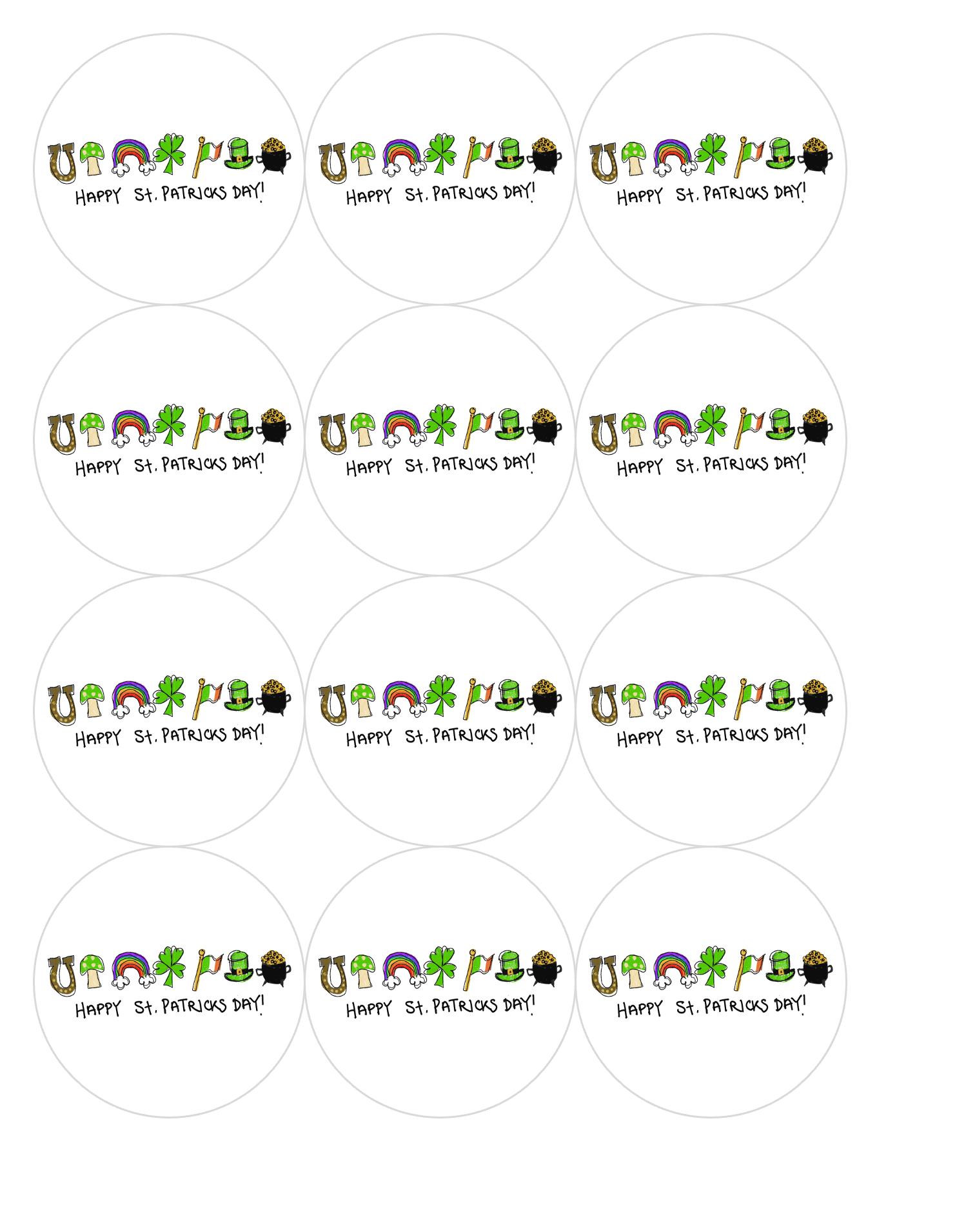 Set of 12 "Happy St. Patricks Day"  pre cut edible image discs for desserts, drink toppers, choose your size