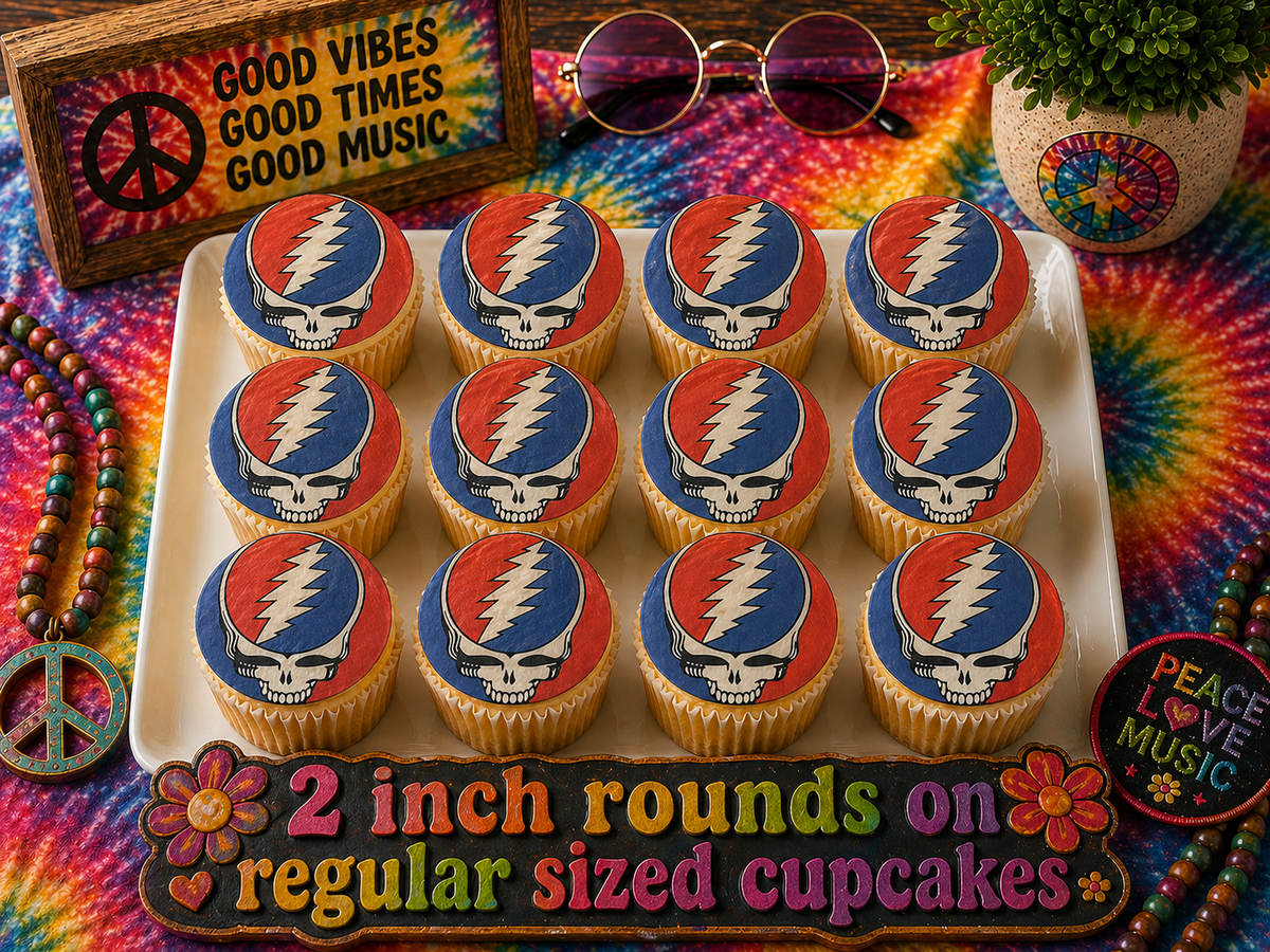 Set of 12 "Grateful Dead, Steal Your Face" pre cut edible image discs for desserts, choose your size