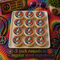 Set of 12 "Grateful Dead, Steal Your Face Tie Dye" pre cut edible image discs for desserts, choose your size