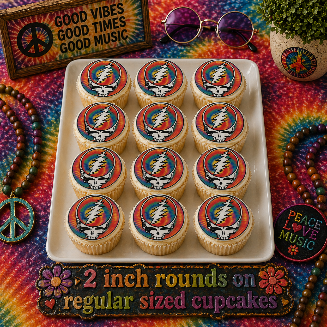 Set of 12 "Grateful Dead, Steal Your Face Tie Dye" pre cut edible image discs for desserts, choose your size