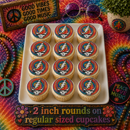 Set of 12 "Grateful Dead, Steal Your Face Tie Dye" pre cut edible image discs for desserts, choose your size